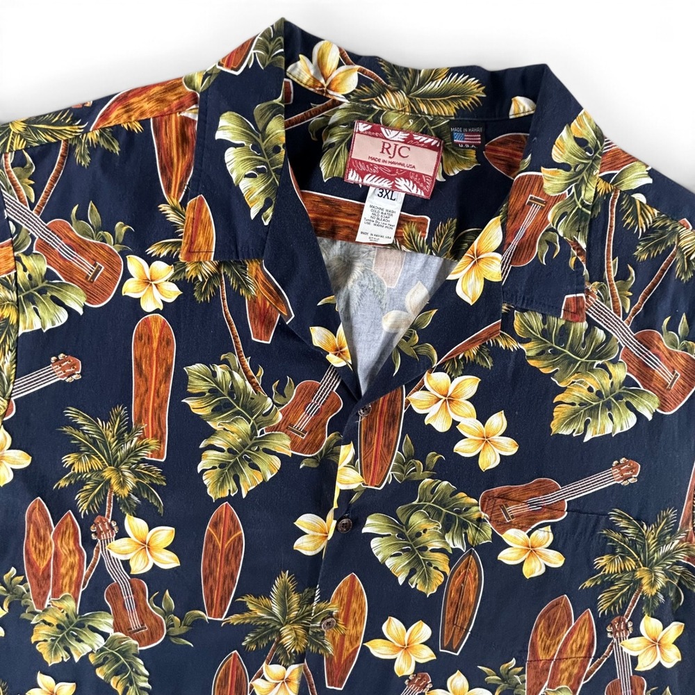 RJC Hawaiian Shirt Mens 3XL Navy Blue Surfboard Ukulele Cotton Made in USA 102C